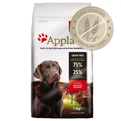 Sac de croquettes Applaws pour chien, 7,5 kg, sans céréales, 75 % poulet, 25 % légumes et extraits naturels, mention « Grain Free » et « sans céréales » visibles sur l’emballage.