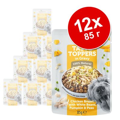 Applaws Taste Toppers in Gravy, 12×85 г, куриная грудка с белой фасолью, тыквой и горохом. 100% Natural. Видны упаковки с изображением собаки и блюда.