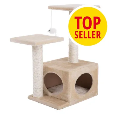 Arbre à chat beige avec deux plateformes, poteaux en sisal, niche carrée et jouet souris suspendu. Badge jaune avec texte anglais « TOP SELLER » visible en haut à droite.