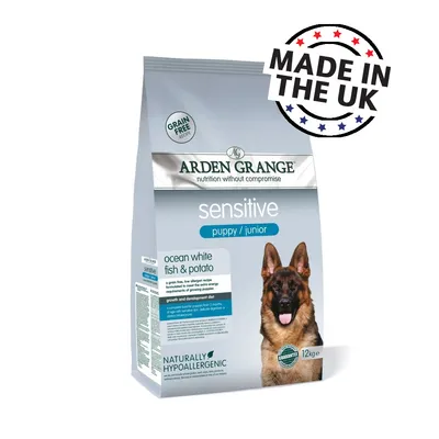Sensitive puppy and junior food, grain free recipe with ocean white fish and potato, naturally hypoallergenic, made in the UK, 12kg bag. Sensitive puppy and junior food, grain free recipe with ocean white fish and potato, naturally hypoallergenic, made in the UK, 12kg bag.