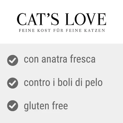 CAT'S LOVE, FEINE KOST FÜR FEINE KATZEN. con anatra fresca, contro i boli di pelo, gluten free.