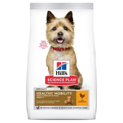 Hill's Science Plan Healthy Mobility Small & Mini up to 10 kg Adult z kurczakiem. Widoczny pies, logo Hill's, tekst: VETERINARIAN RECOMMENDED, brak sztucznych barwników i aromatów.