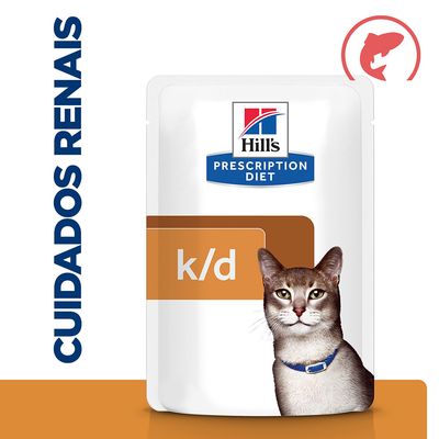 Hill's Prescription Diet k/d para gatos, embalagem com imagem de gato e texto visível 'CUIDADOS RENAIS' na lateral.