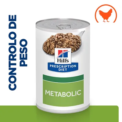 Lata de comida Hill's Prescription Diet Metabolic, texto visível: CONTROLO DE PESO e imagem de frango laranja no canto superior direito.