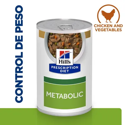 Lata de Hill's Prescription Diet Metabolic, texto visible: CONTROL DE PESO y CHICKEN AND VEGETABLES. Imagen del producto con trozos de carne y verduras. Lata de Hill's Prescription Diet Metabolic, texto visible: CONTROL DE PESO y CHICKEN AND VEGETABLES. Imagen del producto con trozos de carne y verduras.