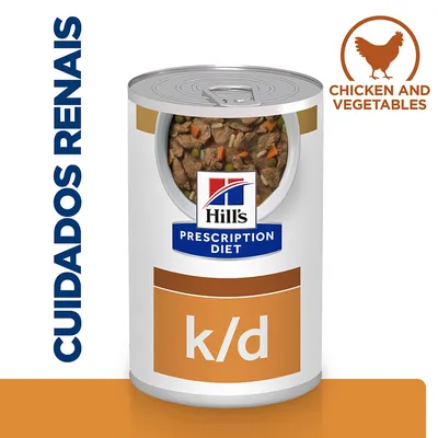 Hill's Prescription Diet k/d, cuidados renais, frango e vegetais. Texto visível: CHICKEN AND VEGETABLES. Lata com comida húmida para animais.