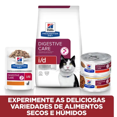 Hill's Prescription Diet Digestive Care i/d para gatos, variedades de alimentos secos e húmidos. Texto: Experimente as deliciosas variedades de alimentos secos e húmidos.