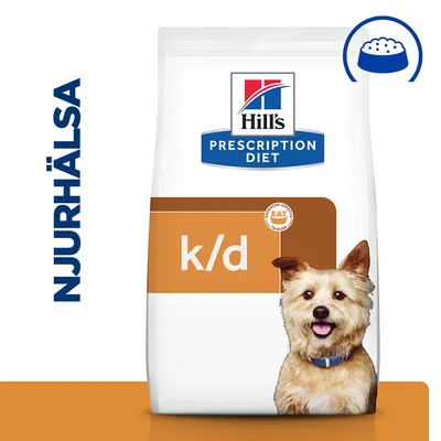 Hill's Prescription Diet k/d torrfoderpåse med texten 'NJURHÄLSA' och symbol för matskål. Synlig hund på förpackningen.