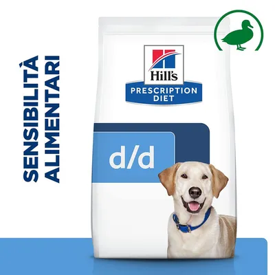 Confezione Hill's Prescription Diet d/d per cani, testo visibile: 'Sensibilità alimentari', simbolo anatra verde in alto a destra.