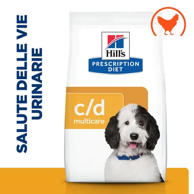 Hill's Prescription Diet c/d multicare, confezione con cane, scritta 'SALUTE DELLE VIE URINARIE' e simbolo arancione di pollo in alto a destra.