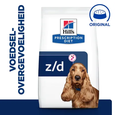 Hill's Prescription Diet z/d hondenvoer, tekst: VOEDSEL-OVERGEVOELIGHEID en ORIGINAL, afbeelding van een hond op de verpakking.