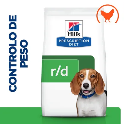 Embalagem de ração Hill's Prescription Diet r/d com imagem de cão, texto 'CONTROLO DE PESO' e ícone de frango no canto superior direito. Embalagem de ração Hill's Prescription Diet r/d com imagem de cão, texto 'CONTROLO DE PESO' e ícone de frango no canto superior direito.