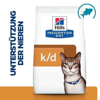 Hill's Prescription Diet k/d, image d'un chat, texte en allemand : UNTERSTÜTZUNG DER NIEREN, icône de poisson en haut à droite. Hill's Prescription Diet k/d, image d'un chat, texte en allemand : UNTERSTÜTZUNG DER NIEREN, icône de poisson en haut à droite.