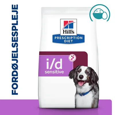 Hill's Prescription Diet i/d sensitive hundefoder, tekst: FORDØJELSESPLEJE, billede af hund og skål med mad øverst til højre. Synlig tekst: ACTIVBIOME+.