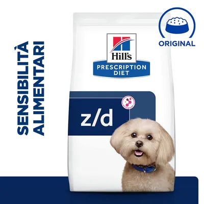 Confezione di Hill's Prescription Diet z/d, scritta 'Sensibilità alimentari' a sinistra e simbolo 'Original' in alto a destra. Presente un cane davanti alla confezione.