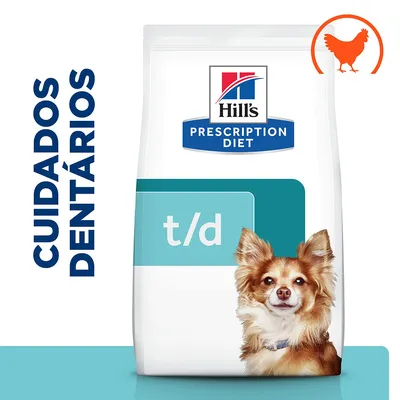 Embalagem de Hill's Prescription Diet t/d com imagem de cão, texto 'CUIDADOS DENTÁRIOS' e ícone de frango no canto superior direito.