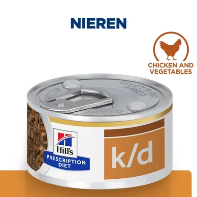 Hill's Prescription Diet k/d natvoer, tekst: NIEREN, Chicken and Vegetables. Blik met afbeelding van voer en merknaam zichtbaar.