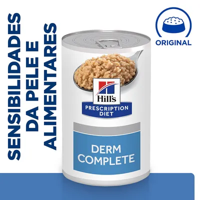 Hill's Prescription Diet Derm Complete, lata de comida húmida. Texto visível: 'Sensibilidades da pele e alimentares', símbolo de taça com ração e palavra 'Original'. Hill's Prescription Diet Derm Complete, lata de comida húmida. Texto visível: 'Sensibilidades da pele e alimentares', símbolo de taça com ração e palavra 'Original'.
