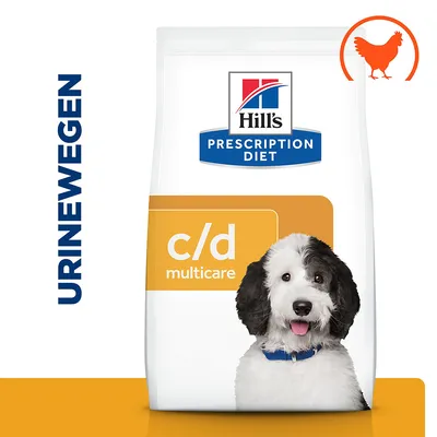 Hill's Prescription Diet c/d multicare hondenvoer, afbeelding van hond, oranje kip-icoon, tekst: URINEWEGEN
