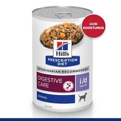 Hill's Prescription Diet Digestive Care i/d low fat koiran märkäruoka, original. Uusi koostumus. Kuvassa purkin etiketti ja ruoan ulkonäkö.