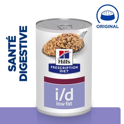 Boîte Hill's Prescription Diet i/d low fat, santé digestive, texte « ORIGINAL », pâtée visible sur une cuillère. Texte en anglais et français visibles sur l’emballage.