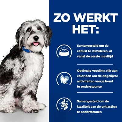 Zo werkt het: samengesteld om de eetlust te stimuleren, optimale voeding rijk aan calorieën voor dagelijkse activiteiten, ondersteunt kwaliteit van de ontlasting. Tekst in beeld.
