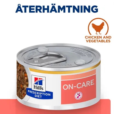 Hill's Prescription Diet ON-CARE burk med texten 'ÅTERHÄMTNING' och 'CHICKEN AND VEGETABLES'. Synligt innehåll: kyckling och grönsaker. Metallburk med öppningsflik. Hill's Prescription Diet ON-CARE burk med texten 'ÅTERHÄMTNING' och 'CHICKEN AND VEGETABLES'. Synligt innehåll: kyckling och grönsaker. Metallburk med öppningsflik.