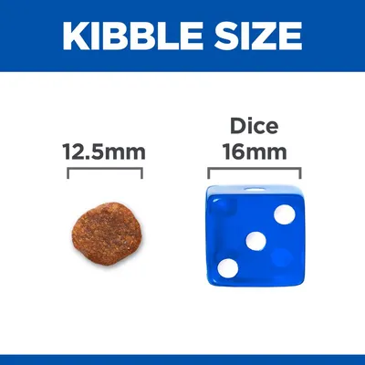 Сравнение на размер: гранула 12,5 мм до син зар с надпис Dice 16 мм. Текстът KIBBLE SIZE е изписан отгоре. Текстът Dice е на английски.