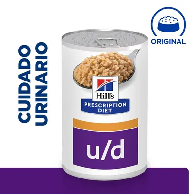 Lata de Hill's Prescription Diet u/d con texto visible: CUIDADO URINARIO y ORIGINAL. Imagen del producto con comida húmeda en una cuchara.