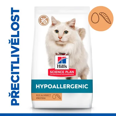 Hill's Science Plan HYPOALLERGENIC krmivo pro kočky, EGGINSECT PROTEIN, obrázek vejce a hmyzu, nápis PŘECITLIVĚLOST vlevo na modrém pruhu.