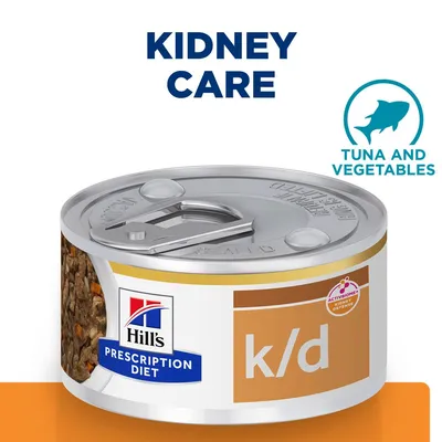 Hill's Prescription Diet k/d kidney care food can with tuna and vegetables, showing ActivBiome+ Kidney Defence label. Hill's Prescription Diet k/d kidney care food can with tuna and vegetables, showing ActivBiome+ Kidney Defence label.