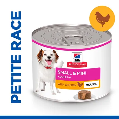 Boîte Hill's Science Plan Small & Mini Adult 1-6, mousse au poulet, pour chien de petite race, texte visible : WITH CHICKEN MOUSSE, image d’un chien et d’une portion de mousse.