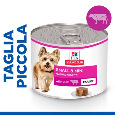 Hill's Science Plan Small & Mini Mature Adult 7+ with Beef Mousse, lattina per cani di taglia piccola, scritta visibile: TAGLIA PICCOLA, illustrazione mucca rosa.