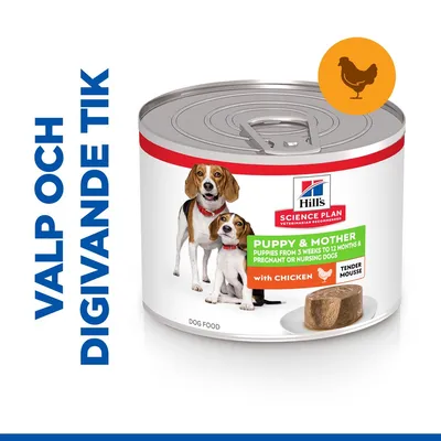 Hill's Science Plan Puppy & Mother med kyckling, burk med bild på två hundar och text: 'Puppy & Mother, puppies from 3 weeks to 12 months & pregnant or nursing dogs, with chicken, tender mousse'. Hill's Science Plan Puppy & Mother med kyckling, burk med bild på två hundar och text: 'Puppy & Mother, puppies from 3 weeks to 12 months & pregnant or nursing dogs, with chicken, tender mousse'.