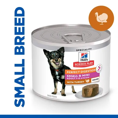 Hill's Science Plan Perfect Digestion Small & Mini Adult 1–6 do 10 kg, s puretinom, mousse. Slika psa i komada hrane na tanjuru. Tekst: SMALL BREED.
