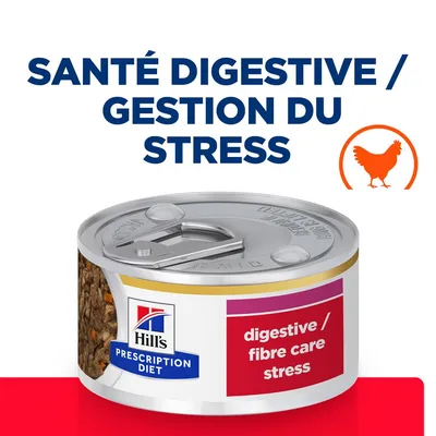 Hill's Prescription Diet boîte, texte visible : santé digestive / gestion du stress, digestive / fibre care stress, illustration poulet orange