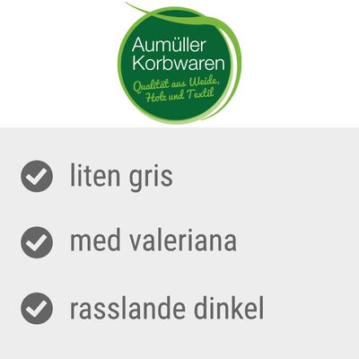 Aumüller Korbwaren. Qualität aus Weide, Holz und Textil. liten gris, med valeriana, rasslande dinkel.