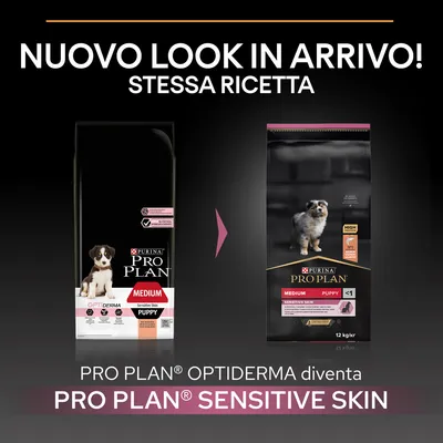 Nuovo look in arrivo, stessa ricetta. PRO PLAN OPTIDERMA diventa PRO PLAN SENSITIVE SKIN. Immagine di due confezioni di crocchette per cuccioli medium puppy sensitive skin.