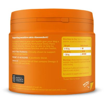 Product label shows feeding guide by weight, directions for use, warnings, and key ingredients including postbiotic blend and salmon oil with Omega-3. Not suitable for puppies under 4 months.