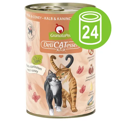 GranataPet DeliCATessen Paté Kalb & Kaninchen, burk med illustration av två katter. Grön ikon med 24 förpackningar synlig.