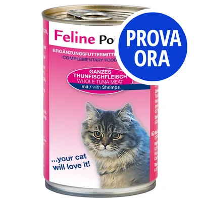 Feline Power alimento complementare per gatti, carne di tonno intero con gamberetti. Testo visibile: PROVA ORA, ...your cat will love it!
