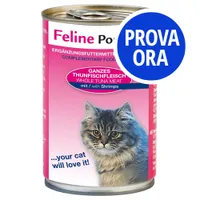 Feline Power alimento complementare per gatti, carne di tonno intero con gamberetti. Testo visibile: PROVA ORA, ...your cat will love it!