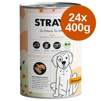 STRAYZ kutyakonzerv, pulyka sütőtökkel, édesköménnyel és rizzsel, monoprotein, gluténmentes, cukormentes, bio. 24×400g felirat látható a képen.