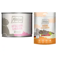 MjAMjAM Kombi-Paket: 12 x 200 g Nassfutter + 3 x 125 g Snackbag saftiges Hühnchen - saftiges Huhn und Wildlachs 12 x 200 g + Snackbag saftiges Hühnchen 3 x 125 g