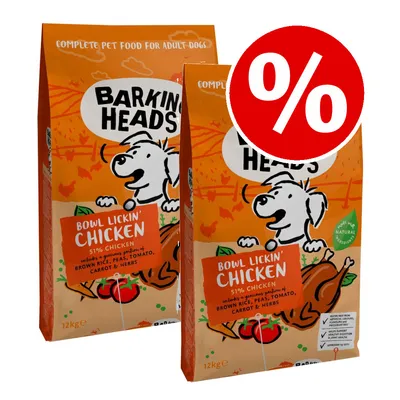 Two bags of Barking Heads Bowl Lickin' Chicken, 51% chicken with brown rice, peas, tomato, carrot and herbs. Red percentage discount symbol shown.