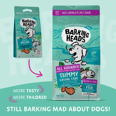 Barking Heads All Hounder Tummy Loving Care medium size kibble for adult dogs, grain free, 50% fish, sweet potato, hypoallergenic, highly digestible, sensitive stomach.