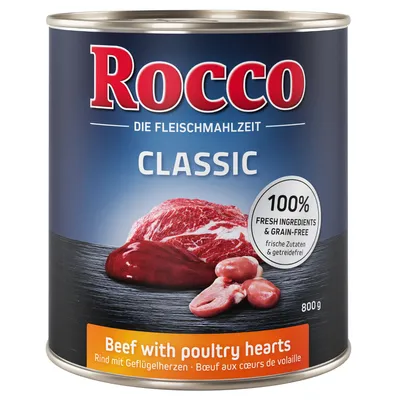 Rocco Classic, masové jídlo. Hovězí s drůbežími srdci. 100% čerstvé suroviny, bez obilovin. 800g konzerva.