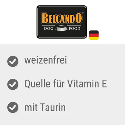 Belcando Dog Food. Weizenfrei, Quelle für Vitamin E, mit Taurin. Belcando Dog Food. Weizenfrei, Quelle für Vitamin E, mit Taurin.