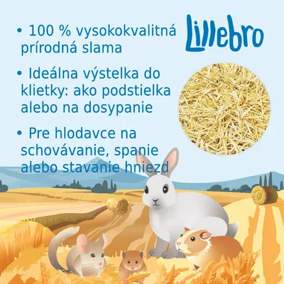 Lillebro. 100 % vysokokvalitná prírodná slama, ideálna výstelka do klietky ako podstielka alebo na dosypanie, pre hlodavce na schovávanie, spanie alebo stavanie hniezd.