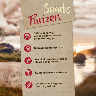 Snacks Purizon: 100% di carne, pesce appena pescato e fegato pregiato, delicatamente essiccati, ricchi di proteine, gusto intenso, 0% cereali aggiunti (senza glutine).